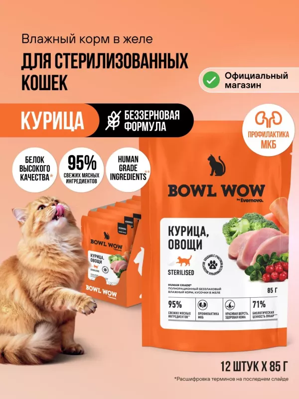 Bowl Wow 0,085кг курица и овощи в кусочки в желе для стерилизованных кошек (665076)