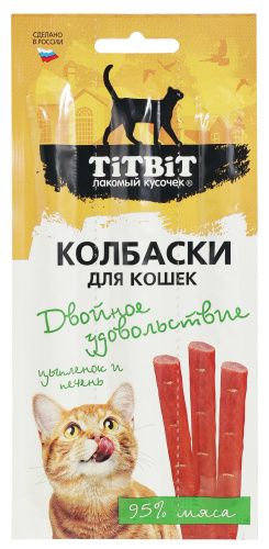 TiTBiT 0,015кг Двойное удовольствие колбаски с цыпленком и печенью для кошек