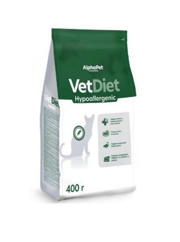 AlphaPet Vet Diet (АльфаПет) 0,4кг Hypoallergenic сухой при пищевой аллергии и непереносимости ингредиентов для кошек (655261)