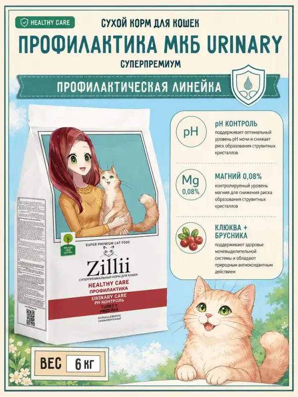 ZILLII (Зилли) HEALTHY CARE Urinary Care 6кг Индейка для взрослых кошек. РН контроль (358743) NEW