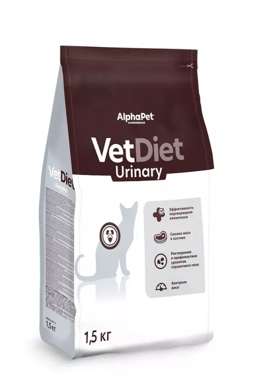 AlphaPet Vet Diet (АльфаПет) 1,5кг Urinary сухой при заболеваниях нижних отделов мочевыводящих путей для кошек (655049)