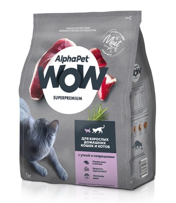 AlphaPet WOW (АльфаПет) 7кг с уткой и потрошками сухой для взрослых кошек (659665) NEW