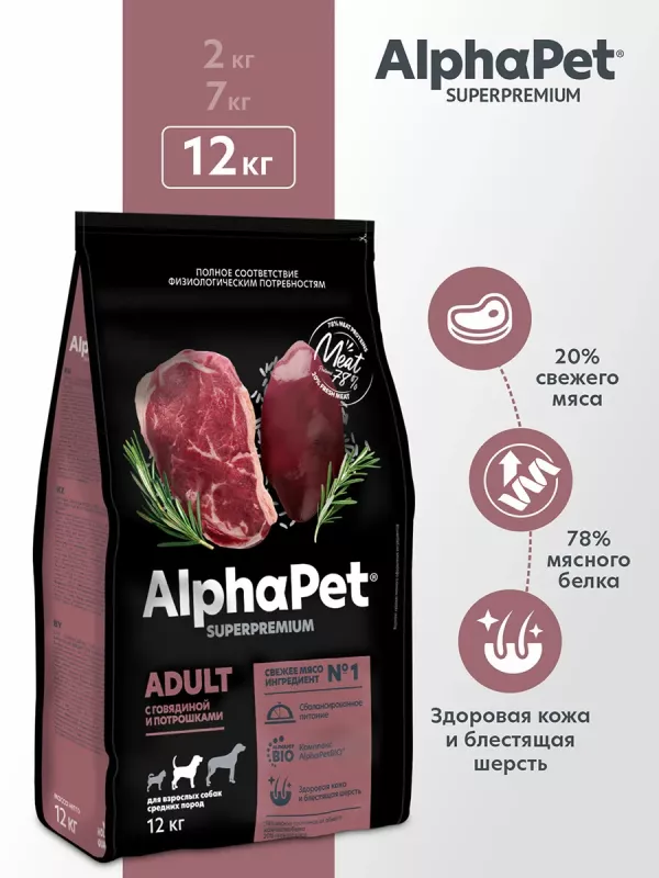 AlphaPet Superpremium (АльфаПет) 12кг с говядиной и потрошками сухой для собак средних пород (659672) NEW