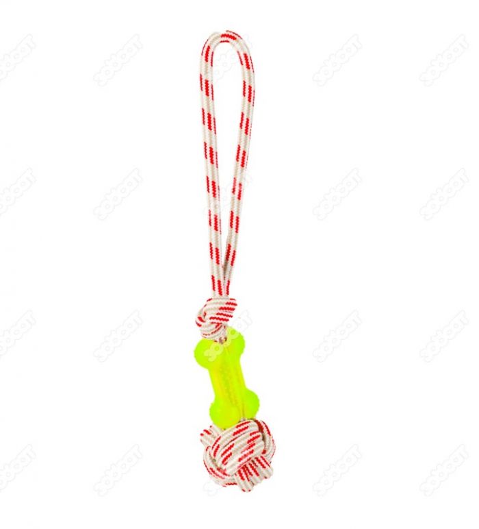 Игрушка Nunbell канатная Мяч с косточкой TPR 8х4.5см и ручкой, d=7см l=42см, для собак микс