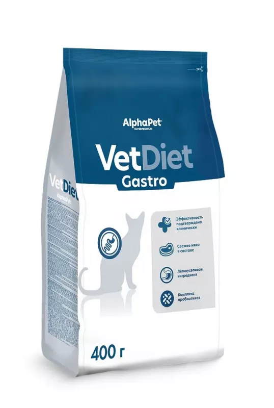 AlphaPet Vet Diet (АльфаПет) 0,4кг Gastro сухой при острых расстройствах пищеварения, в реабилитационный период и при истощении для кошек (655254)