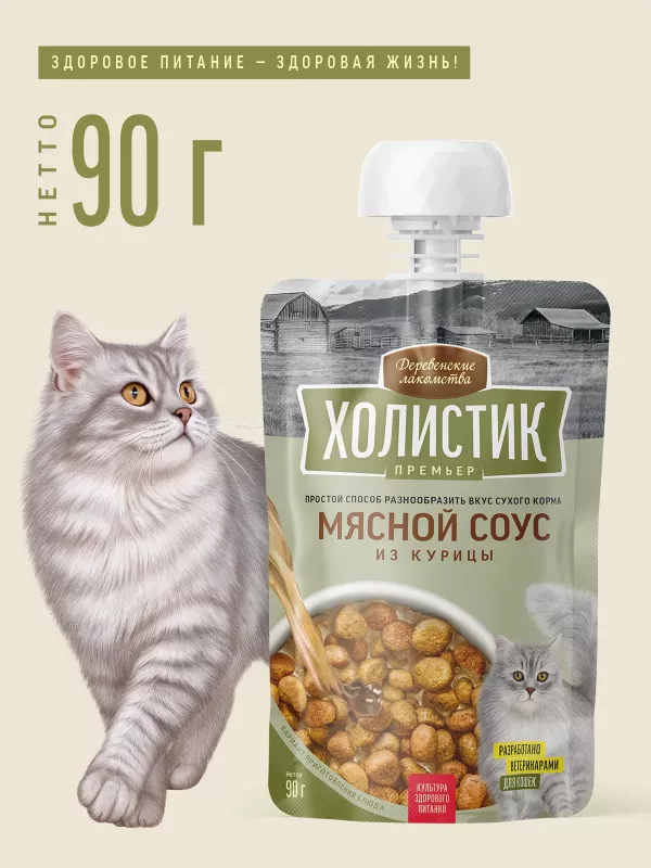 Деревенские лакомства 0,09кг Холистик Премьер Мясной соус из курицы для кошек (76051400)